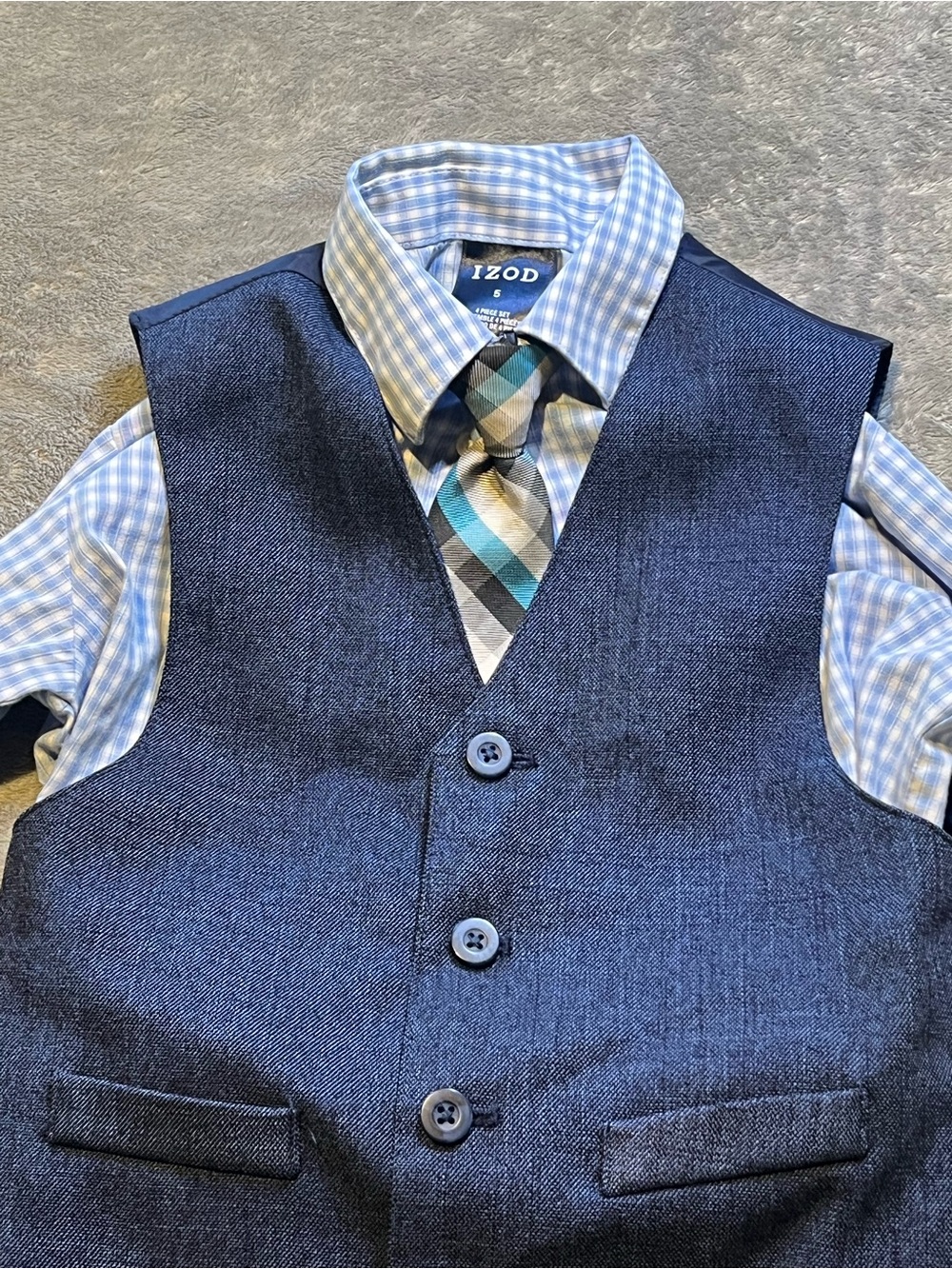 IZOD Boys' Navy Dress Vest with Blue Check Shirt and Plaid Tie